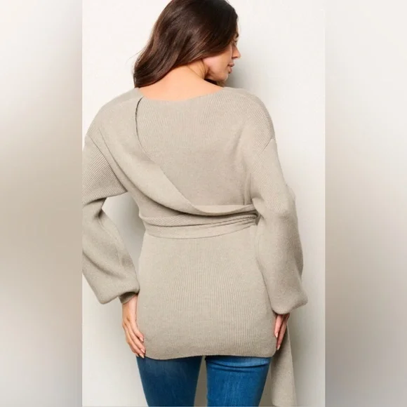 WOMEN'S LONG SLEEVE SELF TIE WRAP RIBBED BLOUSE GRAY TOP - Picture 3 of 3